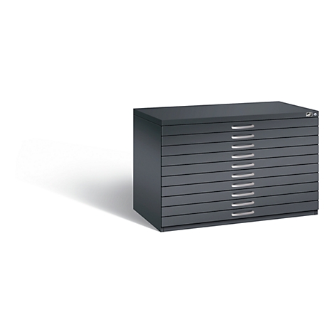 Dark grey flat file cabinet with nine drawers and silver handles, against a white background.