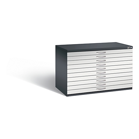 Dark gray drawing cabinet with ten drawers and silver handles. Shadow on a light background.