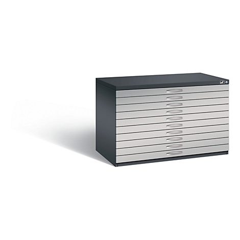 Gray, metallic drawing cabinet with 10 drawers. The handles are silver.