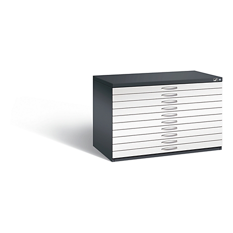 Grey flat cabinet with 10 drawers, each with a silver handle. It stands on a white background.