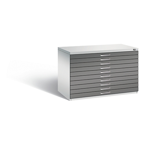 Grey, rectangular drawer cabinet with ten drawers. On a bright background.