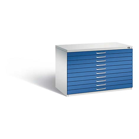 Blue and white flat file cabinet with 10 drawers.