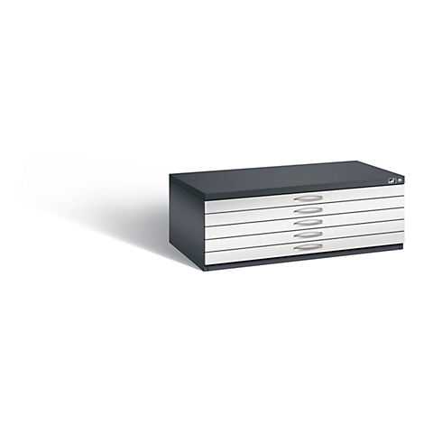 Grey drawing cabinet with six drawers and silver handles.