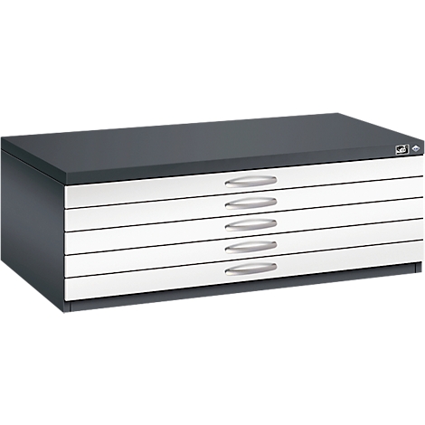Gray flat file cabinet with 5 drawers. Drawers white with silver handles. Top and sides dark gray.