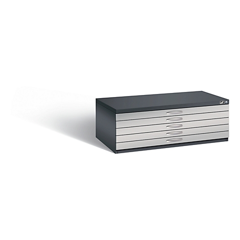 Dark gray flat file cabinet with five drawers. The drawers are silver and have silver handles.