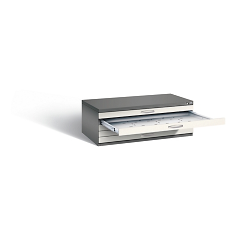 Gray filing cabinet with partially opened drawer, white interior.