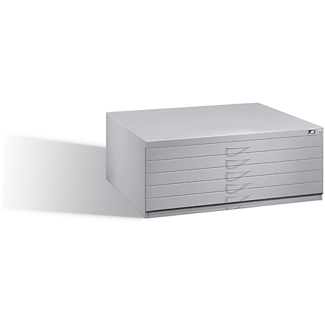 Grey, rectangular cabinet with five drawers, with shadow on a white background.
