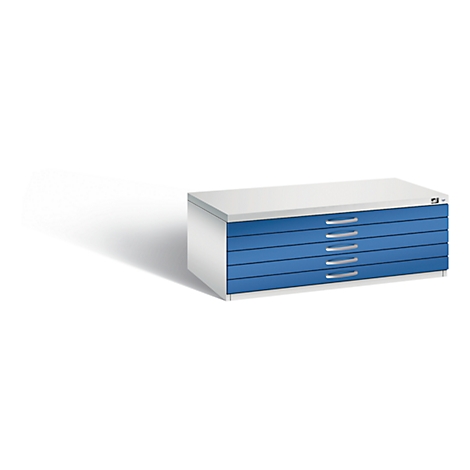 Flat file cabinet with blue drawers against a white background.