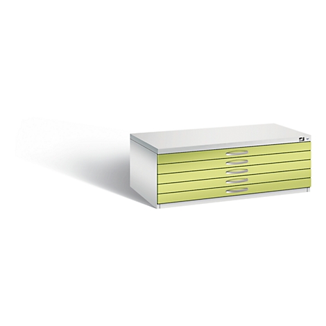 White cabinet system with six light green drawers. Metal handles.
