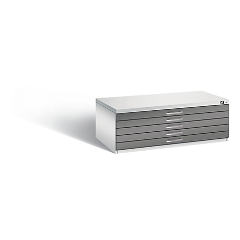 A gray plan chest with five drawers. On top is a light gray surface.