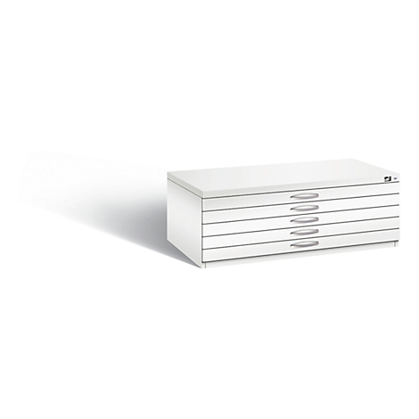 White flat file cabinet with six drawers. Each drawer has a silver handle.