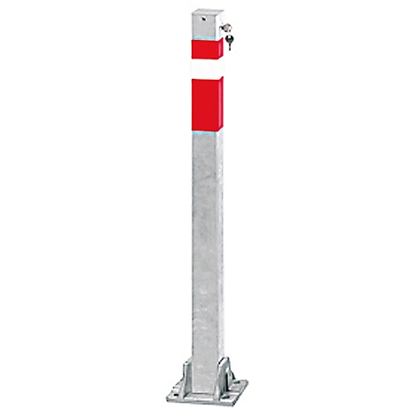 Post to protect against cars. Gray, with red and white stripes, lock with key.