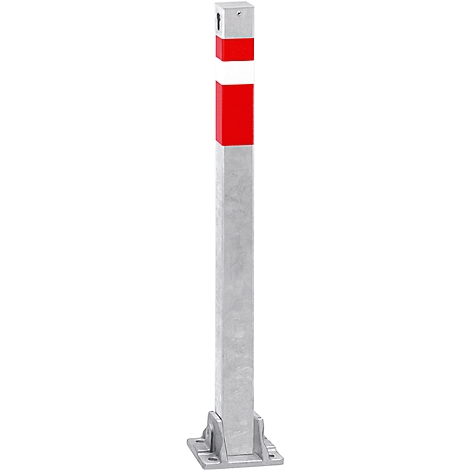 Gray, rectangular bollard with red marking. The top is white, with a small opening.