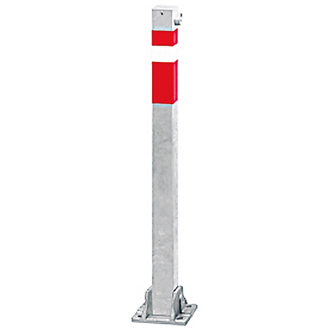 A rectangular post with a red and white head and a silver column stands on a square base plate.