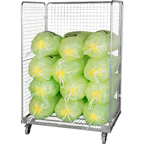 A metal trolley filled with green bags closed with yellow ties. The trolley is on wheels.