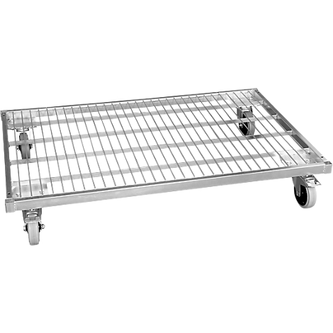 Metal cart with wheels. The top surface is a grid pattern, the frame and wheels are also metallic.