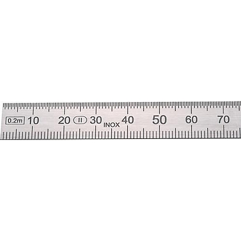 Close-up of a metal ruler with black markings and numbers. The text includes: 0.2m, 10, 20, II, 30 INOX, 40, 50, 60, 70.