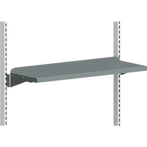 Grey shelf mounted on vertical rails. Rounded edge, bracket with screws.