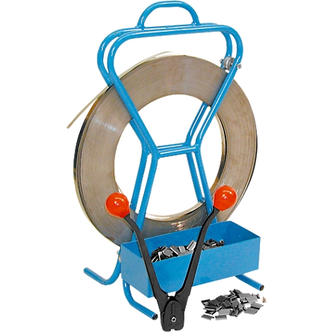 Blue metal strapping dispenser with steel band roll, orange handles and a clamp. Metal clips are visible in the foreground.