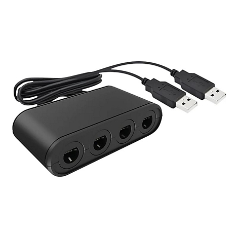 Schwarzer USB-Hub mit vier Anschlüssen und zwei Kabeln vor weißem Hintergrund.