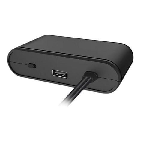 Schwarzes, abgerundetes Gehäuse mit einem USB-Anschluss, einem kleinen Schalter und einem fest angeschlossenen Kabel.
