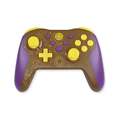 Ein brauner Controller mit gelben Knöpfen und violetten Griffen, verziert mit Symbolen.