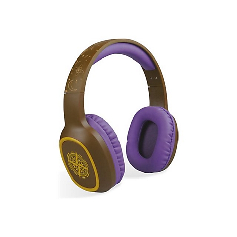 Braune und violette Kopfhörer mit Kompass- und Mond-Design. Die Ohrmuscheln sind violett, der Bügel innen auch.