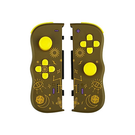 Zwei braune Joy-Con-Controller für die Nintendo Switch, verziert mit gelben Symbolen und Knöpfen.
