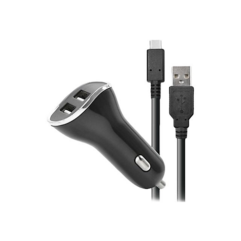 Ein schwarzes Autoladegerät mit zwei USB-Anschlüssen und zwei schwarzen Ladekabeln mit USB-C- und USB-A-Anschlüssen.