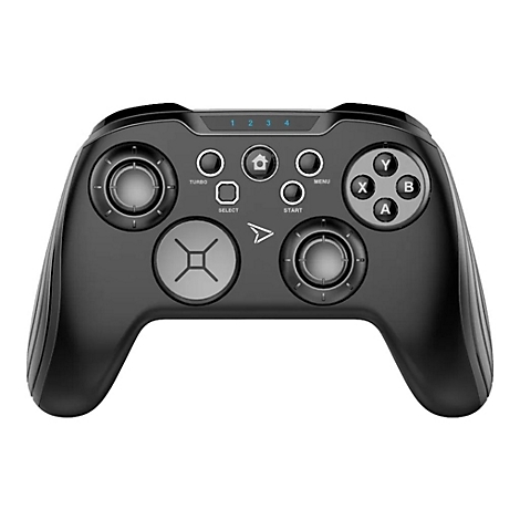 Schwarzer Gamecontroller mit Knöpfen und Joysticks. Oben Ziffern 1-4, darunter Knöpfe mit Beschriftungen wie Turbo, Select, Menu, Start.