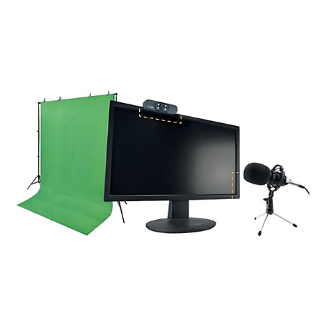 Ein Monitor mit Webcam und Mikrofon vor grünem Hintergrund. Für Streaming und Videokonferenzen.