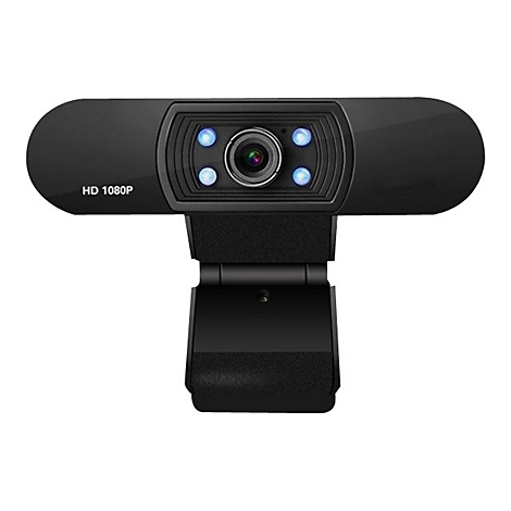 Schwarze Webcam mit HD 1080P-Schriftzug. In der Mitte der Kamera befinden sich blaue LEDs.