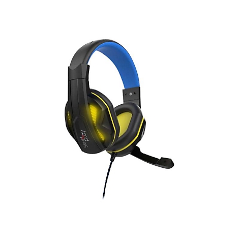 Schwarzes Gaming-Headset mit gelben Akzenten und blauem Bügel. Das Mikrofon ist nach unten gerichtet.