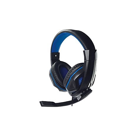 Schwarzes Gaming-Headset mit blauem Akzent. Mikrofon, gepolsterte Ohrmuscheln.