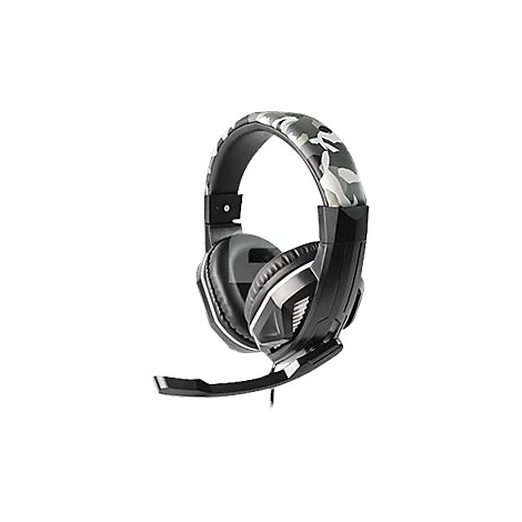 Schwarzes Gaming-Headset mit Camouflage-Muster auf dem Bügel und Mikrofon.