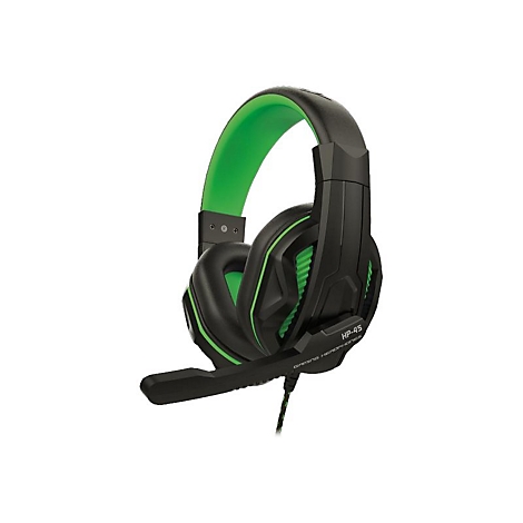 Schwarzes Gaming-Headset mit grünen Akzenten, Mikrofon und Kabel, vor weißem Hintergrund.