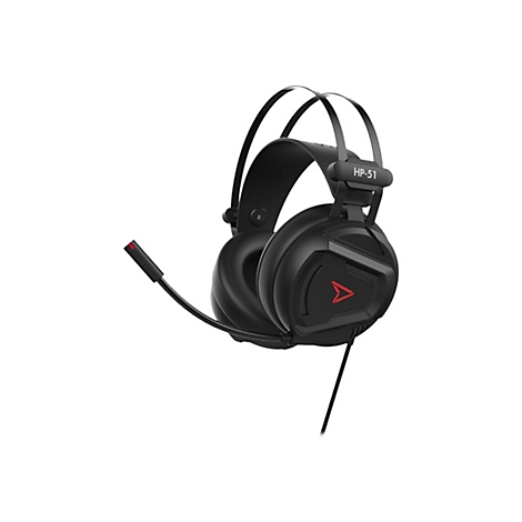 Schwarzes Gaming-Headset mit rotem Akzent. Auf dem Kopfbügel steht "HP-51".