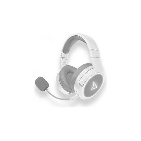 Weißes Gaming-Headset mit Mikrofon auf weißem Hintergrund.