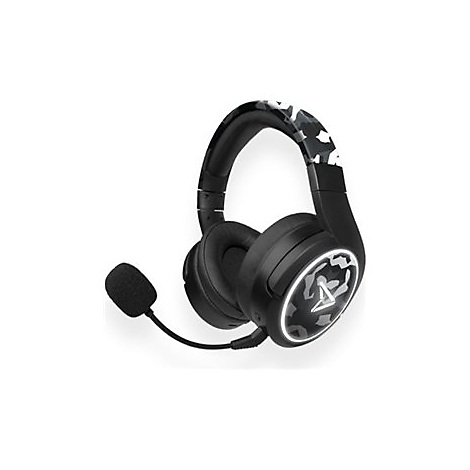 Schwarzes Gaming-Headset mit Camouflage-Details, Mikrofon und weißem Logo auf weißem Hintergrund.