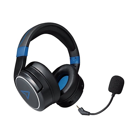 Schwarzes Gaming-Headset mit blauem Akzent. Ein abnehmbares Mikrofon ist angeschlossen.