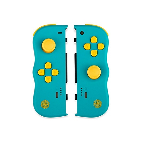 Zwei blaue Controller für eine Spielkonsole mit gelben Knöpfen, D-Pad, Joystick und Kompass-Logo.