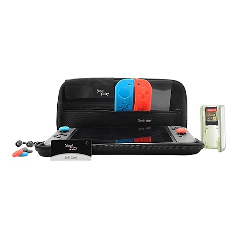 Nintendo Switch Zubehör-Set, schwarz. Enthält Konsole, Controller, Tasche, Spiel, Kopfhörer und Karten.