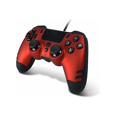 Ein roter Gamecontroller liegt auf weißem Grund. Er hat schwarze Knöpfe und Joysticks. Das Kabel ist schwarz.