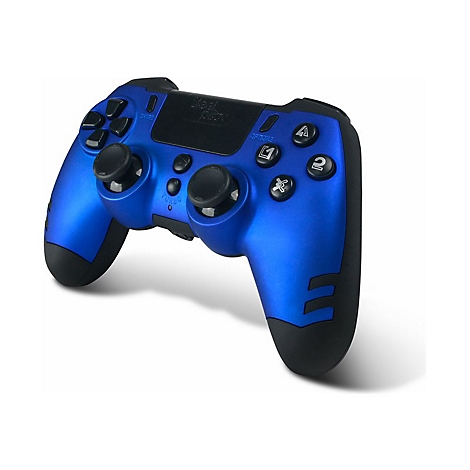 Blauer Gamecontroller mit schwarzen Details, Tasten und Joysticks vor weißem Hintergrund.