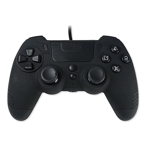 Manette de jeu noire avec boutons et joysticks. Lit 'SteelSeries'.