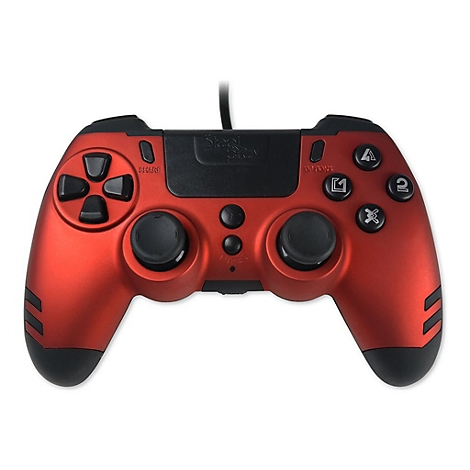 Manette de jeu rouge avec des boutons et des détails noirs. La surface est texturée.