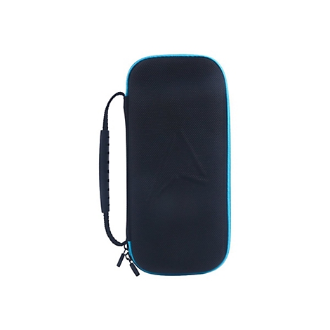 Schwarze, längliche Tragetasche mit blauem Reißverschluss und Griff. Die Tasche ist rechteckig und hat eine strukturierte Oberfläche.