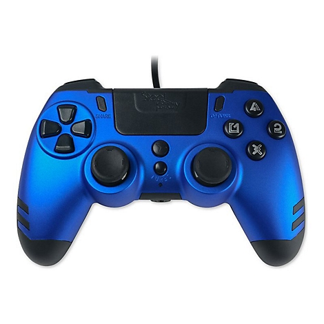 Manette de jeu bleue avec boutons noirs et détails, connexion par câble.