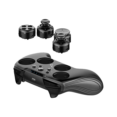Ein schwarzer Gamecontroller mit abnehmbaren Elementen. Oben liegen Ersatzteile. Der Controller hat Knöpfe, Joysticks und einen ergonomischen Griff.