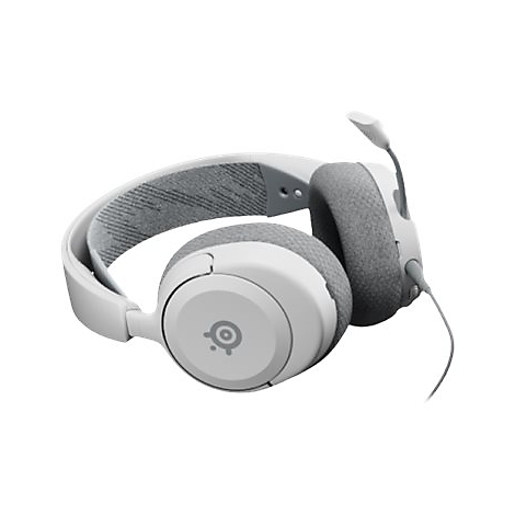 Weißes Gaming-Headset mit grauem Polster und Mikrofon, auf weißem Hintergrund.